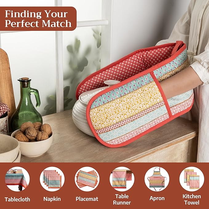 Maison d' Hermine Double Oven Mitts 100% Cotton 7"x35" Double Oven Mitt Heat Resistant BBQ Cooking Gloves with Loop Baking Grilling Gifts for Mothers Day Spring Summer (Provence)
