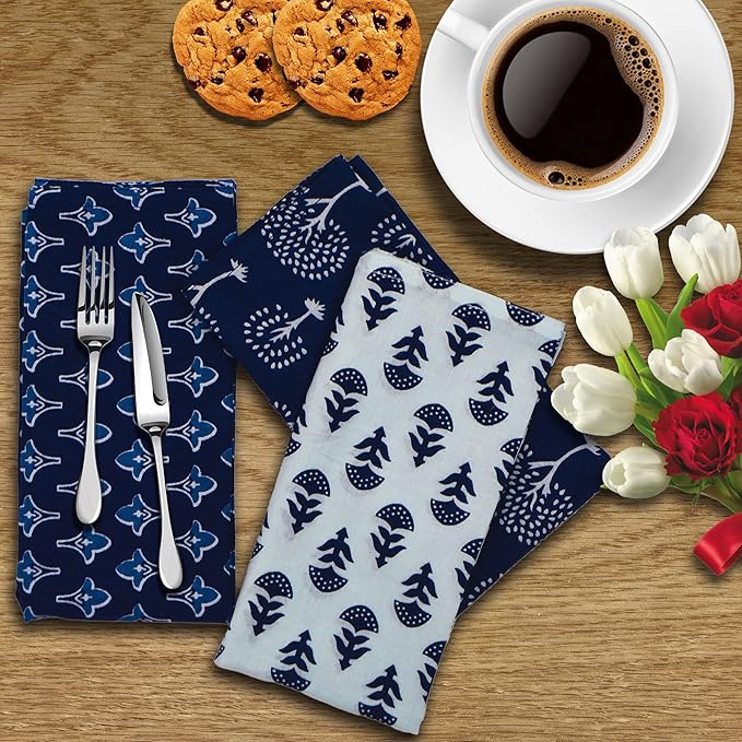 DIYANAIMPEX 10 Pc Cotton Cloth Napkins Hand Block Print Hand Made Size 16x16 Inch Printed Home Decor Indian Eco Friendly Mix Lot Dinner Napkins (Blue)