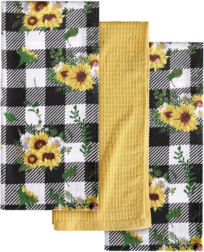 Miss Adola 3pcs Cotton Kitchen Towels - 270 GSM 15x25 Inch Terry Cloths Reusable Dish Cloths for Cleaning Absorbent Soft Hand Tea Towels with Hanging Loop for Housewarming Home Decor, Plaid Sunflower