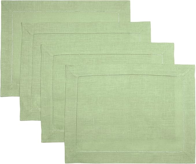 D'Moksha Homes Sage Green Linen Cloth Placemats Set of 4-100% Pure Linen Hemstitch Placemats 14 x 19 Inch - Classic Hemstitch Table Place Mats for Mothers Day - Machine Washable