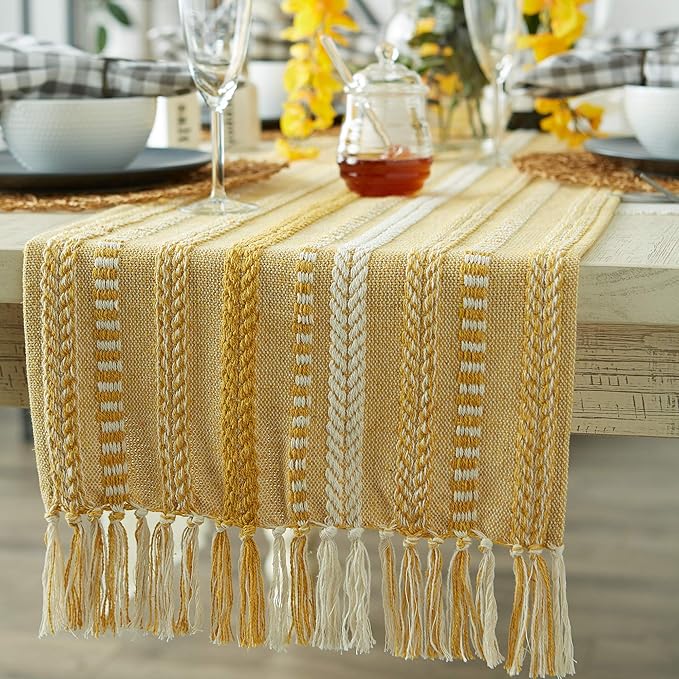 DII Farmhouse Braided Stripe Table Runner Collection, 15x72 (15x77, Fringe Included), Honey Gold