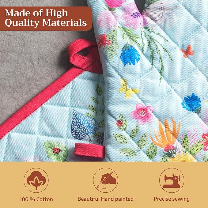 Maison d' Hermine 100% Cotton Oven Mitt & Pot Holder Set (7.5"x13" & 8"x8") Heat Resistant BBQ Cooking Gloves with Loop Grilling Kitchen Gifts for Mothers Day Spring/Summer (Jardin D'Ete - Mint)