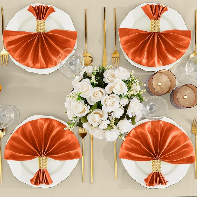 RUDONG M 100 Pcs Orange Satin Napkins and Napkin Rings Set, 17 x 17 Inch Square Cloth Napkins Set of 50, Silky Soft Table Napkins Bulk for Weddings, Banquet, Parties Dinner Decoration