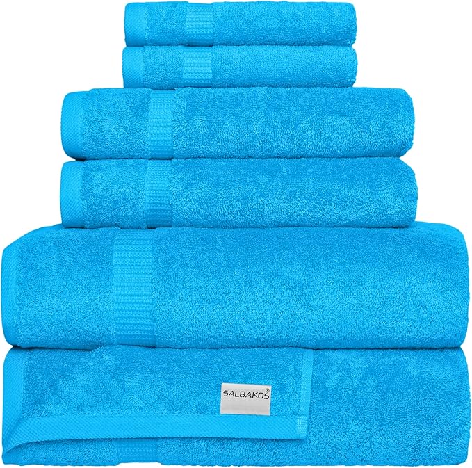 SALBAKOS 100% Turkish Cotton 6-Piece Towel Set | Heirloom Quality Hotel & Spa Collection | Soft, Super Absorbent 2 Washcloth, 2 Hand, 2 Bath Towel Sets | Made in Turkey (Aqua, 6 Piece Towel Set)