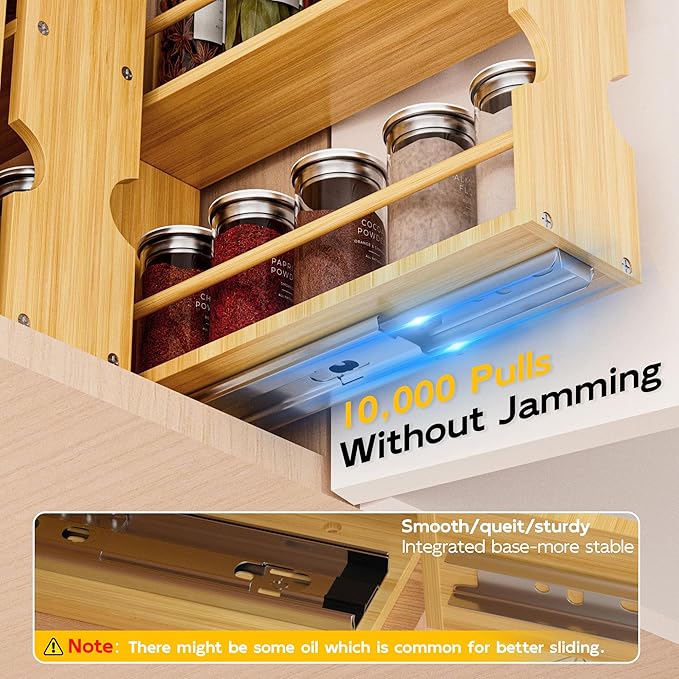 Jolitac Bamboo Pull Out Spice Rack for Cabinet, Slide Out Drawers, Space-Saving Seasoning Kitchen Pantry Sliding Vertical Organization, Easy to Install, 9.1" Wide, 3 Drawers(1.85" Wide), 2-Tier