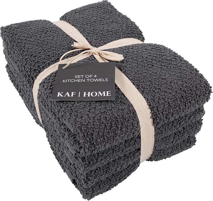 KAF Home Set of 4 Deluxe Popcorn Terry Kitchen Towels | 20 x 30 Inches | 100% Cotton Kitchen Dish Towels (Charcoal)
