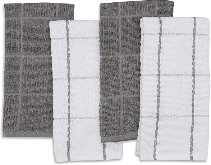 AMOUR INFINI Kitchen Towels Pack of 4, Terry Cotton Dish Towels, Ultra Absorbent, Quick Drying Hand & Tea Towels, Soft Durable Cleaning Cloths with Hanging Loop, 16 x 26 Inch (L.Grey)