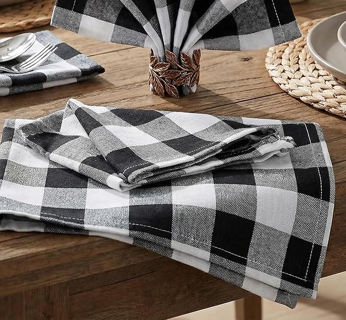 Gingham Check Cloth Dinner Napkin Set of 12 Black White 16x16 Inches, Premium Cotton Everyday Dinning Table Napkins Ideal for Wedding, Spring, Easter | Washable Checkered Soft Fabric for BBQ Events