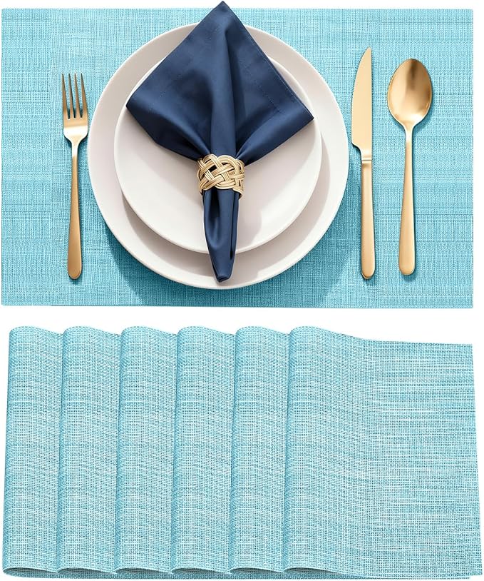 Durable Vinyl Placemats Set of 6, Non-Slip for Dining Table Mat, Heat Resistant Place Mats, Washable Anti-Slip PVC Easy to Clean Wipeable Premium Plastic Mats for Kitchen Blue
