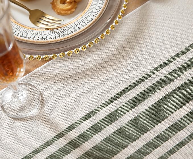 Caflife Boho Table Runner for Modern Farmhouse Decor, Dining Table décor 13 x 72 Inch Long with Handcrafted Tassels, Green and Beige Stripe Table Runner for Home Boho décor