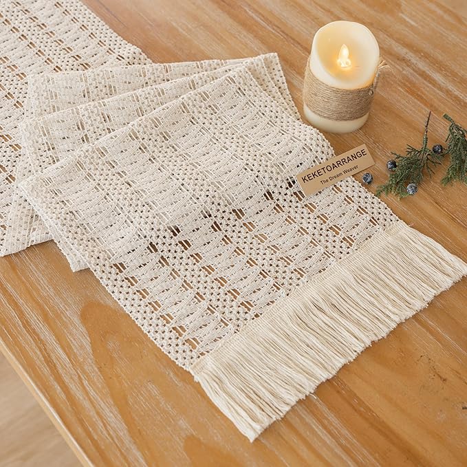 Keketoarrange Boho Spring Table Runner White for Home Decor 12x90 Inches Farmhouse Macrame Woven Burlap Jute Rustic Coffee Table Runner Dresser Scarf Dining Kitchen Centerpiece Bohemian Decor