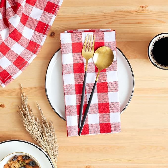 Cloth Napkins Set of 12, 100% Cotton Dinner Napkins 18x18 Inch, Soft Absorbent Gingham Check Napkin for Restaurant, Table Décor, Reusable Washable for Everyday Use - Red/White