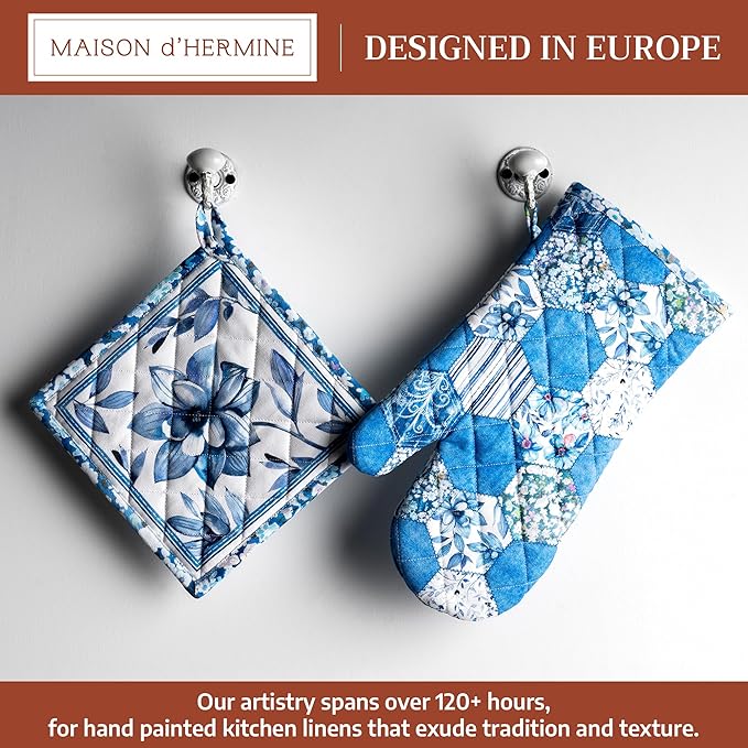 Maison d' Hermine 100% Cotton Oven Mitt & Pot Holder Set (7.5"x13" & 8"x8") Heat Resistant BBQ Cooking Gloves with Loop Baking Grilling Kitchen Gifts for Mothers Day Spring/Summer (Summer Blues)