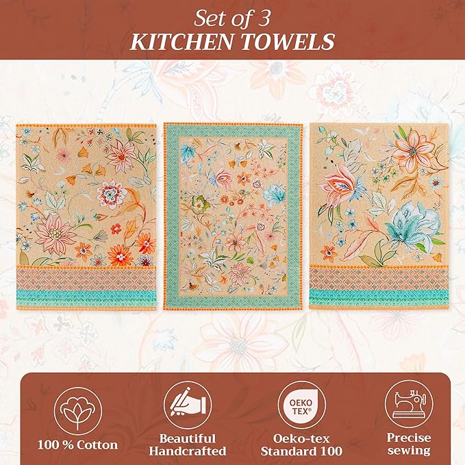 Maison d' Hermine Kitchen Towels Set of 3 100% Cotton 27.50" x 20" Reusable Cloth Tea Dish Towels Absorbent with Hanging Loop for Kitchen Gifts for Mothers Day Spring/Summer (Luxury Loft - Peach)