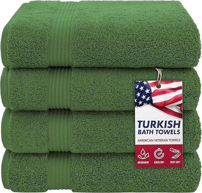 American Veteran Towel, Turkish Bath Towels for Bathroom 4 Pack, 27x54 Extra Large Premium Soft Drying Bathroom Towels, Sage Green
