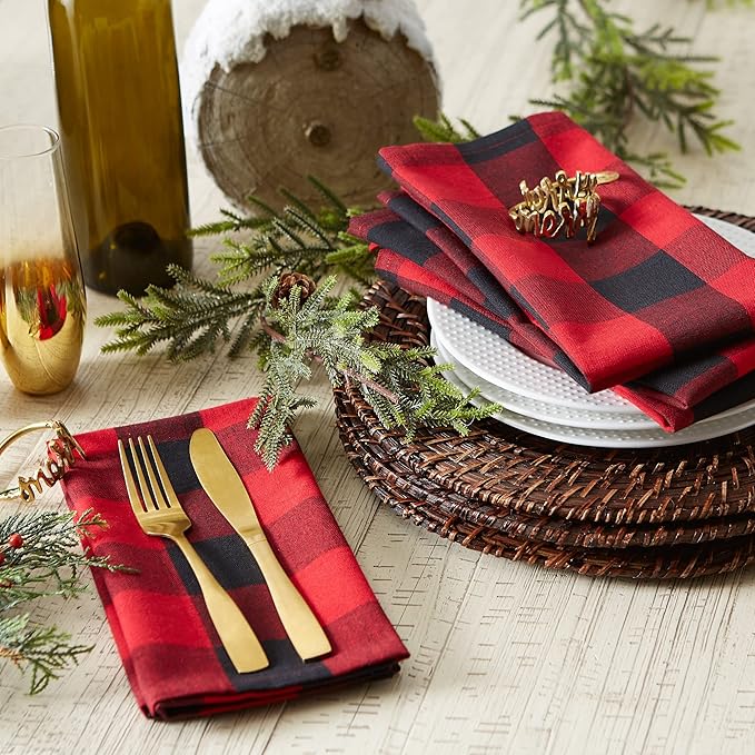 DII Buffalo Check Collection, Classic Farmhouse Cloth Napkin Set, 20x20, Red & Black, 6 Piece