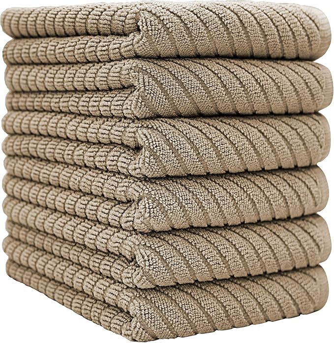 Premium Kitchen Towels (16”x 25”, 6 Pack) | Large Cotton Kitchen Hand Towels | Dish Towels | Diagonal Weave Design | 445 GSM Highly Absorbent Tea Towels Set with Hanging Loop | Tan