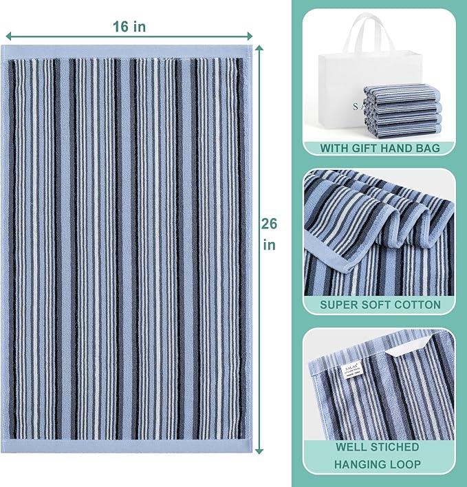 SALAS Premium Cotton Kitchen Dish Towels for Drying Dishes,Large Long Kitchen Hand Towels, Thick Highly Absorbent Dish Clothes Tea Towel Sets with Hanging Loop, 16" X 26", 4 Pcs, Blue