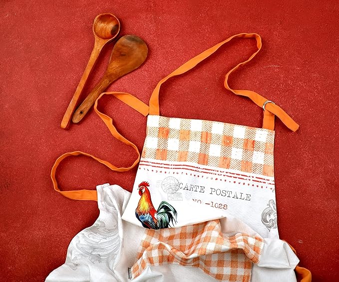 AMOUR INFINI Cotton Aprons for Women with Pocket, Adjustable Strap & Waist Ties - Washable Aprons for Baking, Cooking, Gardening (27.5 x 33 Inches - Farm Rooster)