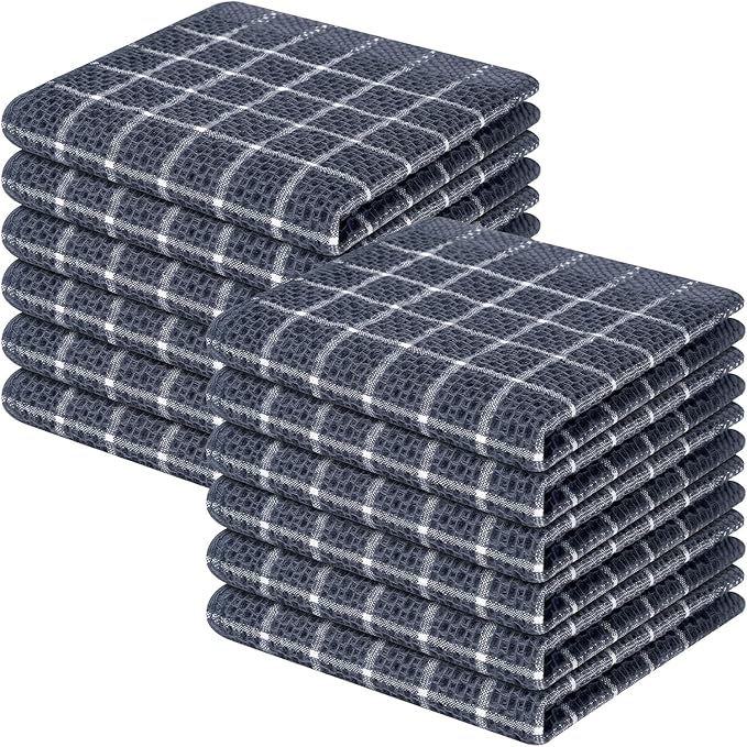 Homaxy 100% Cotton Dish Cloths, 12 Pack-12 X 12 Inches, Check Design Waffle Weave Dish Rags for Washing Dishes, Ultra Absorbent and Fast Drying Dishcloths, Grey