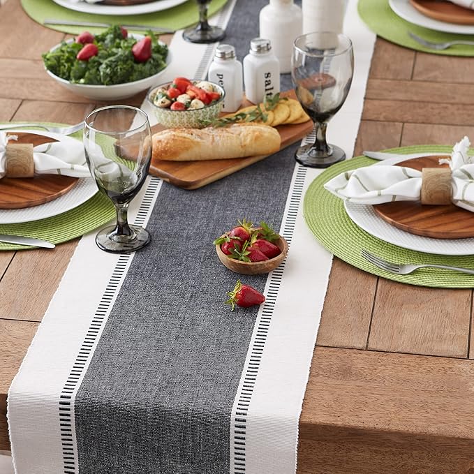 DII Dobby Stripe Woven Table Runner, 13x72 (13x77.5, Fringe Included), Black