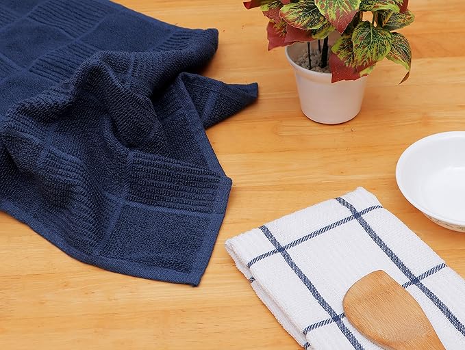 AMOUR INFINI Kitchen Towels Pack of 4, Terry Cotton Dish Towels, Ultra Absorbent, Quick Drying Hand & Tea Towels, Soft Durable Cleaning Cloths with Hanging Loop, 16 x 26 Inch (Navy/Blue)
