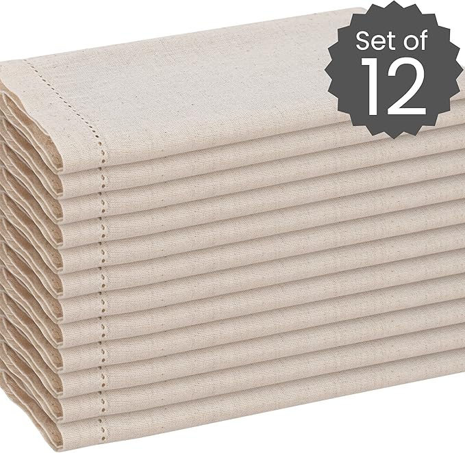 Cotton Clinic 12 Pack Hemstitch Cloth Dinner Napkins Oversized 20x20, Linen Cotton Fabric Tailored with Mitered Corner - Cocktail Napkins, Wedding Dinner Napkins Natural