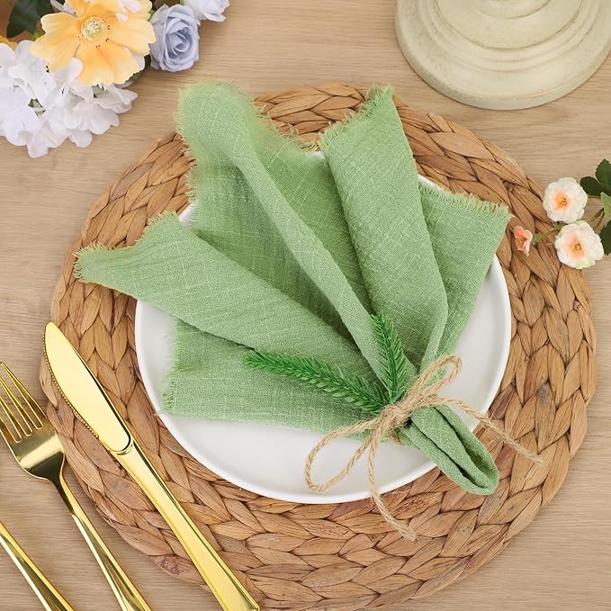 TURSTIN 24 Pieces Cotton Linen Cloth Napkin Handmade Cloth Napkin with Fringe 17 x 17 Inch Soft Cloth Dinner Wedding Napkin Square Rustic Fringe Table Napkin for Dinners, Parties, Weddings, Sage Green