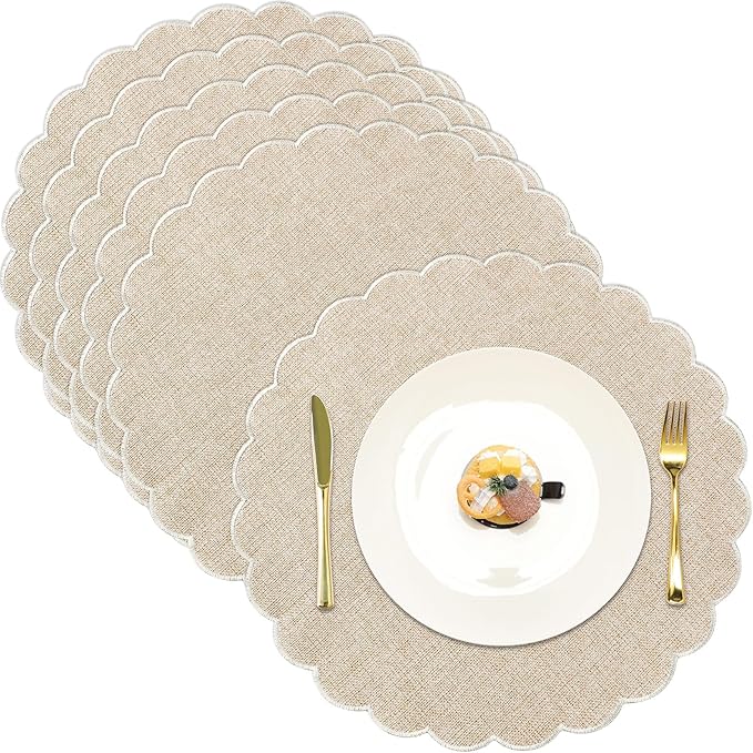 Set of 6 Round Placemats 15 Inch Cotton Scalloped Embroidery Placemat Washable Double Layered Rustic Dinner Table Mat Decor Fabric for Hotel Restaurant Kitchen (Beige/White,Classic)