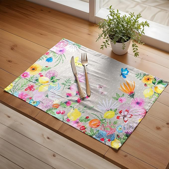 Maison d' Hermine Placemats Set of 4 100% Cotton Washable Cloth Place Mats Reusable Table Mats for Kitchen Dining Party Wedding Gifts for Mothers Day Spring/Summer (Jardin D'Ete - Fog, 13" x 19")