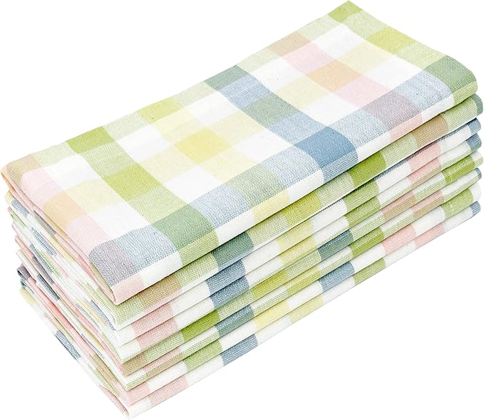 COTTON CRAFT Gingham Buffalo Plaid Check Napkins - Spring Easter Bunny Pastel Luncheon Dinner - Set of 8 - Pure Cotton - Reusable Washable - 17 x 17 inches - Yellow Multi Pastel