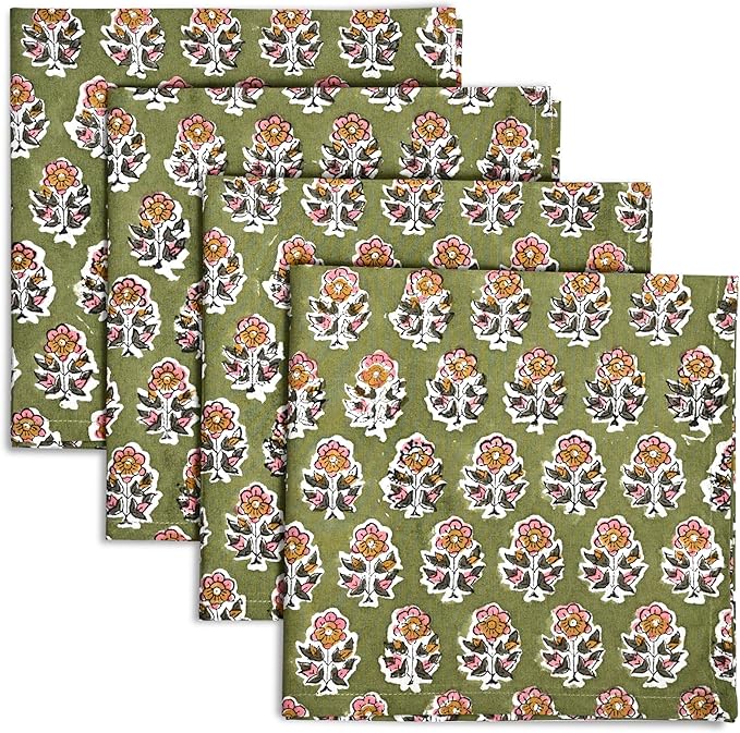 CPC Jade Green Indian Block Print Cotton Cloth Napkins Set of 4, 18x18 Reusable Everyday Napkins, Soft, Absorbent, Floral Dinner Napkin, Holiday, Party Gift, Spring,Mother's Day