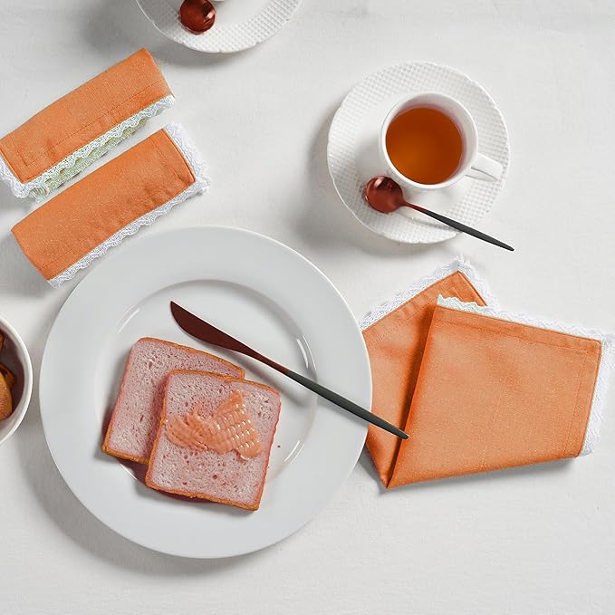 Fingercraft Dinner Cloth Napkin Cotton Linen Blend 12 Pack 12In Mitered Corners with Elegant Lace for Everyday Use Napkins Cloth are Pre Shrunk and Good Absorbency Rust Easter Color
