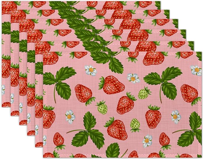 Strawberries and Leaves Placemats Set of 6 Washable Table Mats for Kitchen Dining Table,Heat-Resistant Place Mats for Indoor Outdoor Party Holiday Decoration