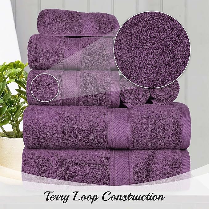 SUPERIOR Egyptian Cotton Pile 8 Piece Towel Set, Includes 2 Bath, 2 Hand, 4 Face Towels/Washcloths, Ultra Soft Luxury Towels, Thick Plush Essentials, Guest Bath, Spa, Hotel Bathroom, Plum