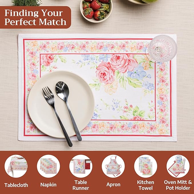 Maison d' Hermine Placemats Set of 4 100% Cotton Washable Cloth Place Mats Reusable Table Mats for Kitchen Dining Party Wedding Gifts for Mothers Day Spring/Summer (Vintage Floral, 13" x 19")
