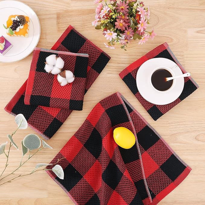 Homaxy 100% Cotton Waffle Weave Check Plaid Dish Cloths, 12 x 12 Inches, Super Soft and Absorbent Dish Towels Quick Drying Dish Rags, 8-Pack, Black & Red