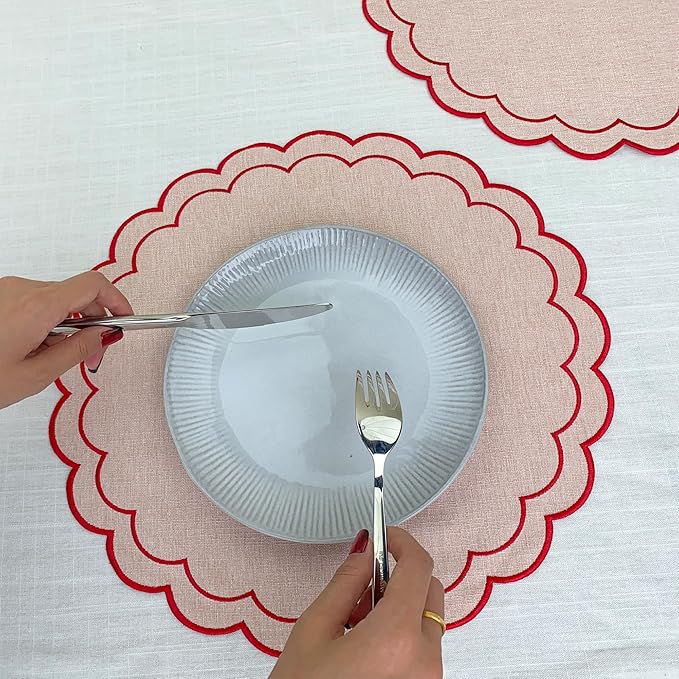 Linen Cotton Placemats Set of 4 Scalloped Flower Embroidery Place Mats 15'' Natural Linen Texture Fabric Machine Washable Table Mats for Restaurant Kitchen,Table Decor(Powder Pink)