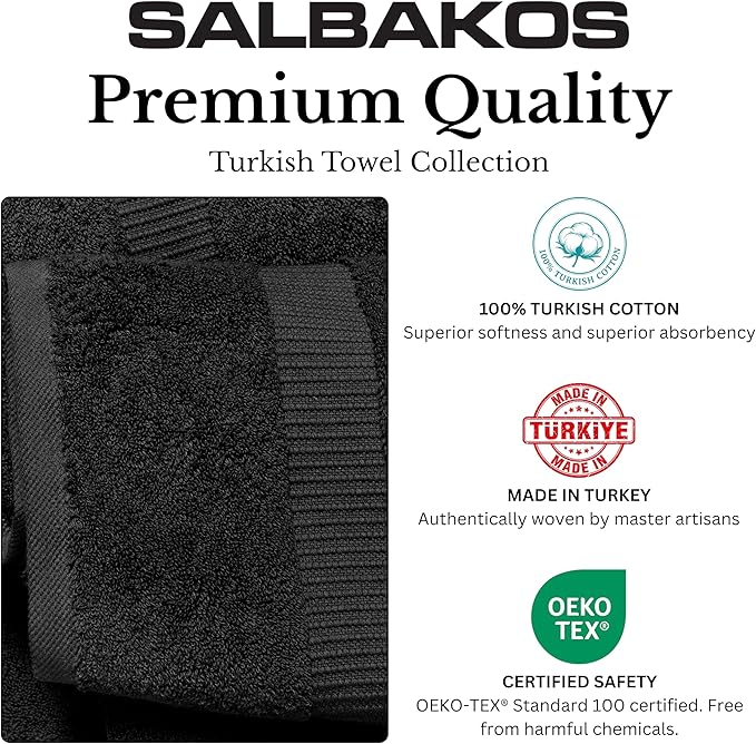 SALBAKOS 100% Turkish Cotton 6-Piece Towel Set | Premium Quality Hotel & Spa Collection | Soft, Super Absorbent 2 Washcloth, 2 Hand, 2 Bath Towels Sets | Made in Turkey (Black, 6 Pieces Towel Set)
