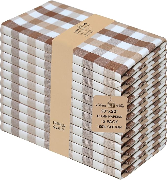Urban Villa Cotton Dinner Napkins Set of 12, 20x20 Inche Soft Premium Cotton Napkins, Hotel Quality Highly Absorbent, Reusable & Washable Table Dinner Napkins (Taupe/Choco/Ivory, Buffalo Checks)