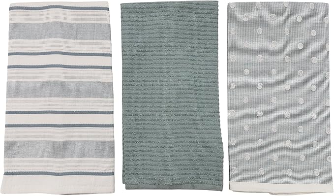 Blue White Kitchen Hand Dish Towels: Oversized 28" x 16",100% Cotton Cloth Soft Cleaning Drying Absorbent Striped Solid Polka Dot Design, Set of 3 Multipurpose for Everyday Use (Blue Austin)