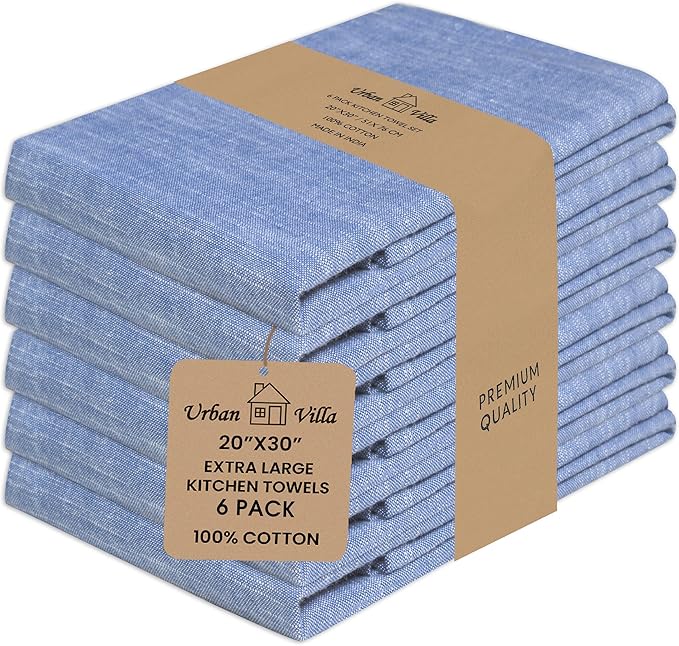 Urban Villa Kitchen Towels 100% Cotton Dish Towels for Kitchen(Set of 8) 20”x30” Dish Cloths Absorbent Kitchen Linen Set with Hanging Loop Perfect for Drying Dishes Cleaning Hand Towels – Blue White