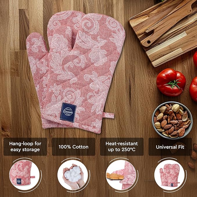 Encasa XO Oven Gloves Heat Resistant | Microwave Cooking Mittens for Baking & Kitchen Use | 12x7 in | Cotton Utensil Holder - Chambray Fabric (Pack of 2, Red)