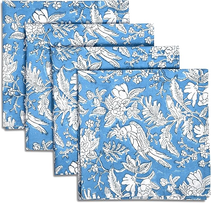 CPC Cloth Napkins Set of 4 Cotton Printed Dinner Block Print Napkins I Wedding Cocktail Cloth Floral Napkins I 18x18 in I Blue Sapphire