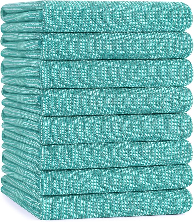 Mordimy Premium Kitchen Towels 8 Pack (18 x 28 Inches, Teal), Large Cotton Kitchen Hand Towel, Flat & Terry Dish Towels for Drying Dishes, Super Absorbent Tea Dishtowels Set with Hanging Loop