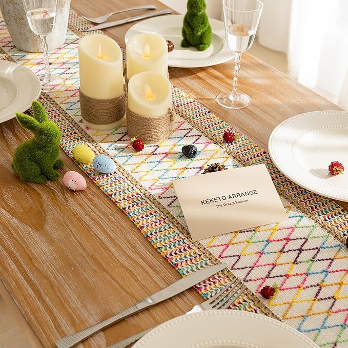 Keketoarrange Boho Spring Table Runner Colorful for Home Decorations 12x90 Inches Farmhouse Macrame Woven Burlap Rustic Coffee Table Runner Dresser Scarf Dining Kitchen Centerpiece Bohemian Decor