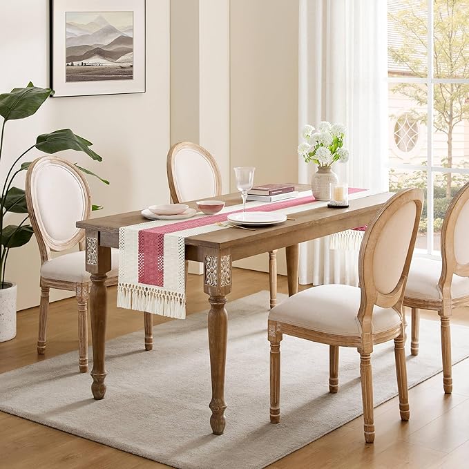 ZeeMart Macrame Style Bicolor Stitching Table Runner, 14 x 72 Inch Dusty Rose/Ivory, Boho Pink Table Runners 72 Inches Long, Farmhouse Woven Home Decor