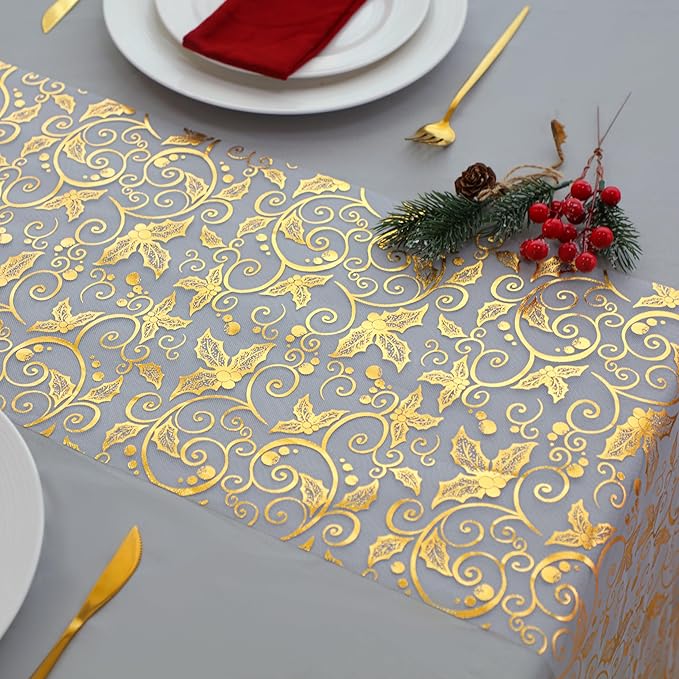 Snowkingdom 2 PCS Gold Spring Easter Table Runner 108 Inches Long, Gold Pinecone Flower Floral Table Decor for Winter Holiday Dining Kitchen Party New Year Home Decorations