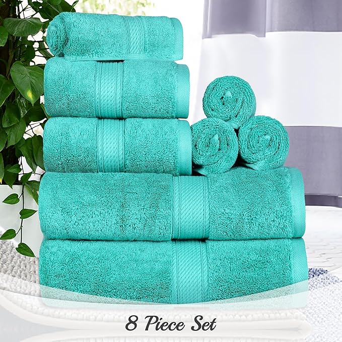 SUPERIOR Egyptian Cotton Pile 8 Piece Towel Set, Includes 2 Bath, 2 Hand, 4 Face Towels/Washcloths, Ultra Soft Luxury Towels, Thick Plush Essentials, Guest Bath, Spa, Hotel Bathroom, Turquoise