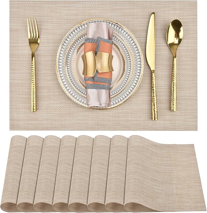 SLKQG Beige Placemats Set of 8 - Easy Clean Washable Vinyl Placemats - Wipeable Heat Resistant Table Mats for Dining Table - 17.7x11.8 Inch (8, Beige)
